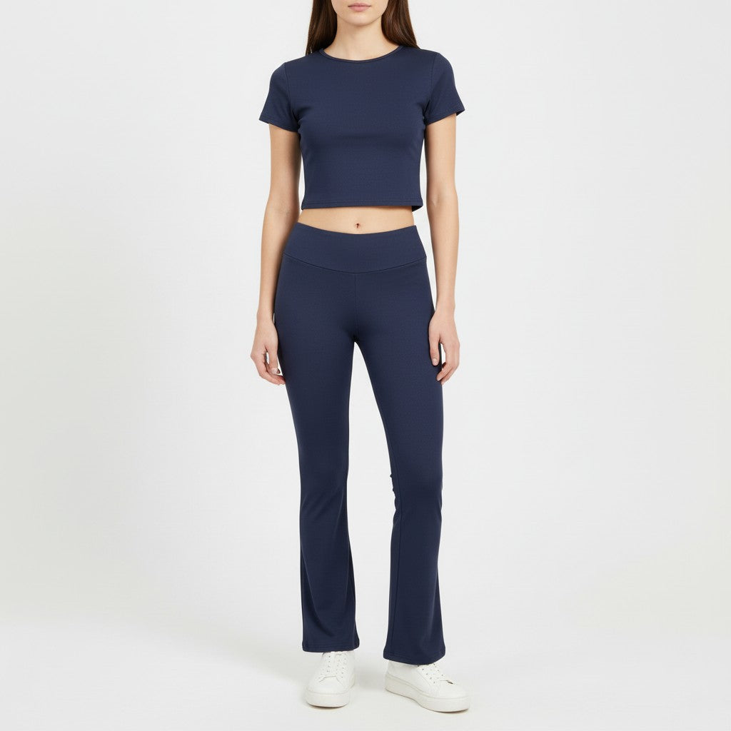 Women's Short Sleeve Crop Top and Flared Pants Two Piece Set-Bon Voyage Vintage