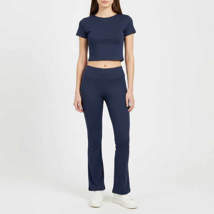 Women's Short Sleeve Crop Top and Flared Pants Two Piece Set-Bon Voyage Vintage