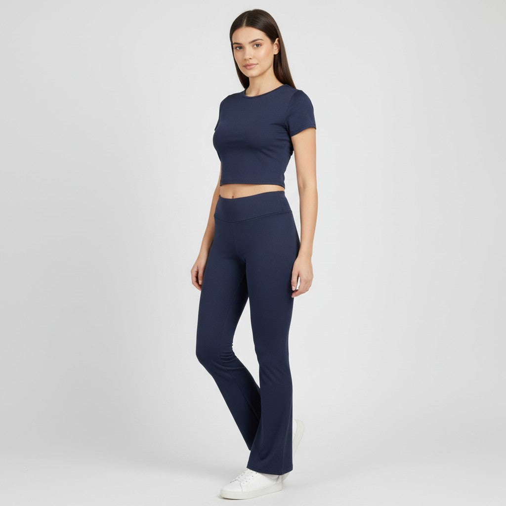 Women's Short Sleeve Crop Top and Flared Pants Two Piece Set-Bon Voyage Vintage