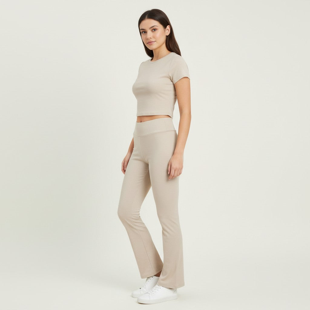 Women's Short Sleeve Crop Top and Flared Pants Two Piece Set-Bon Voyage Vintage