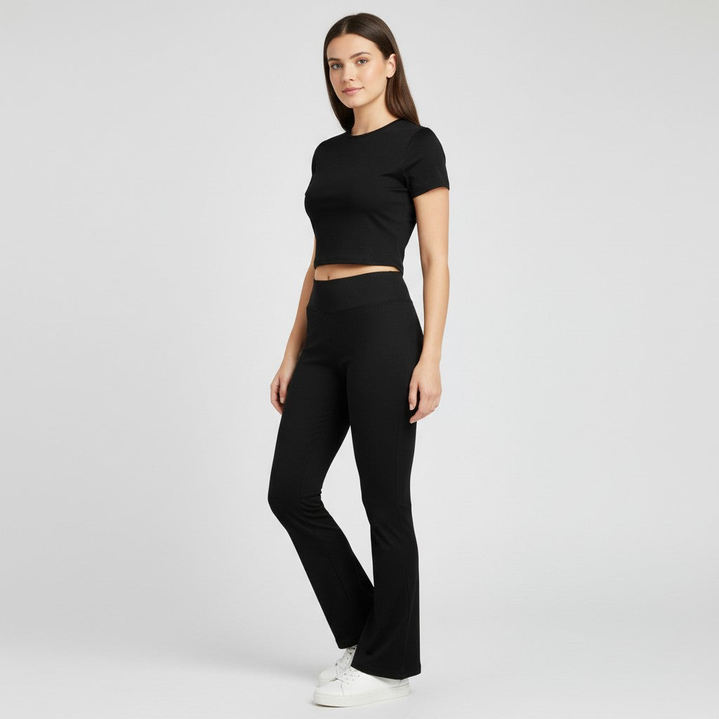 Women's Short Sleeve Crop Top and Flared Pants Two Piece Set-Bon Voyage Vintage