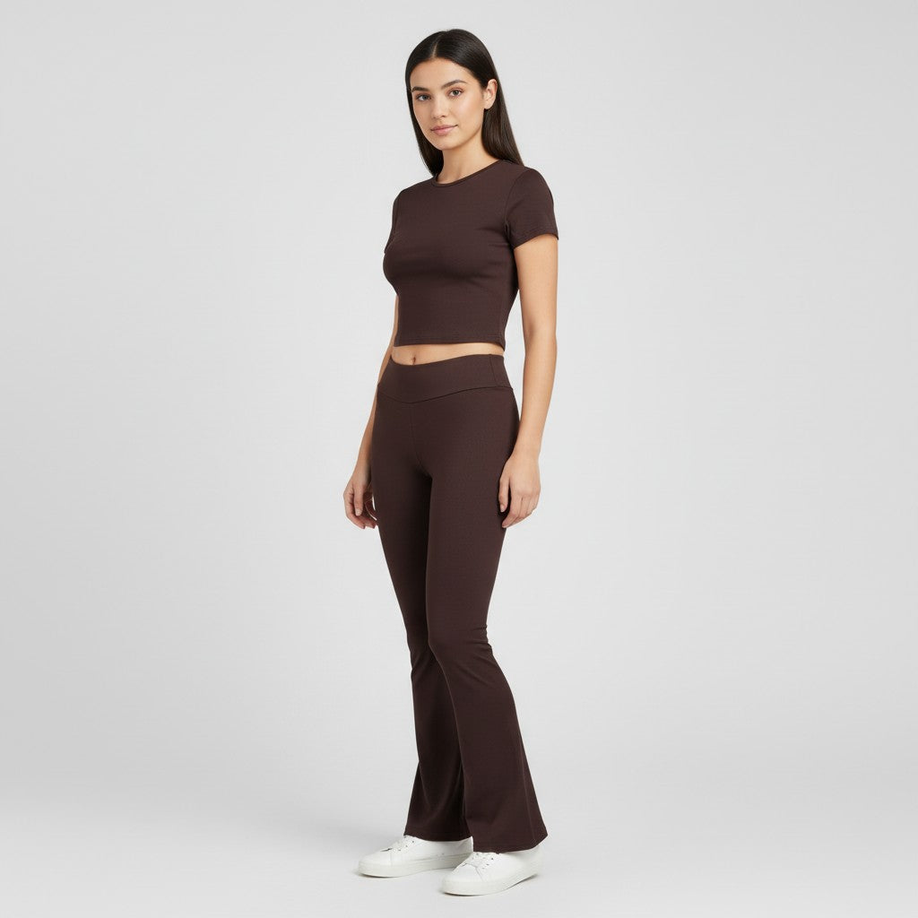 Women's Short Sleeve Crop Top and Flared Pants Two Piece Set-Bon Voyage Vintage