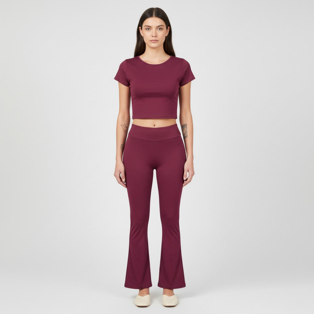 Women's Short Sleeve Crop Top and Flared Pants Two Piece Set-Bon Voyage Vintage