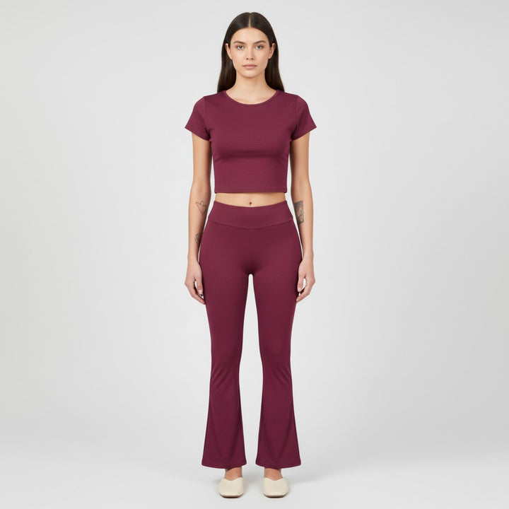 Women's Short Sleeve Crop Top and Flared Pants Two Piece Set-Bon Voyage Vintage