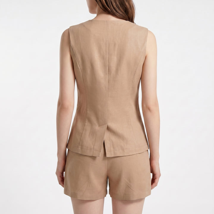Women's Sleeveless Button Vest and High Waist Shorts Set-Bon Voyage Vintage