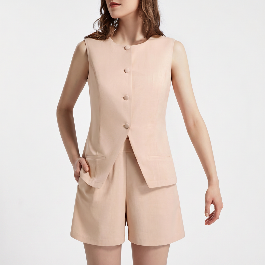 Women's Sleeveless Button Vest and High Waist Shorts Set-Bon Voyage Vintage