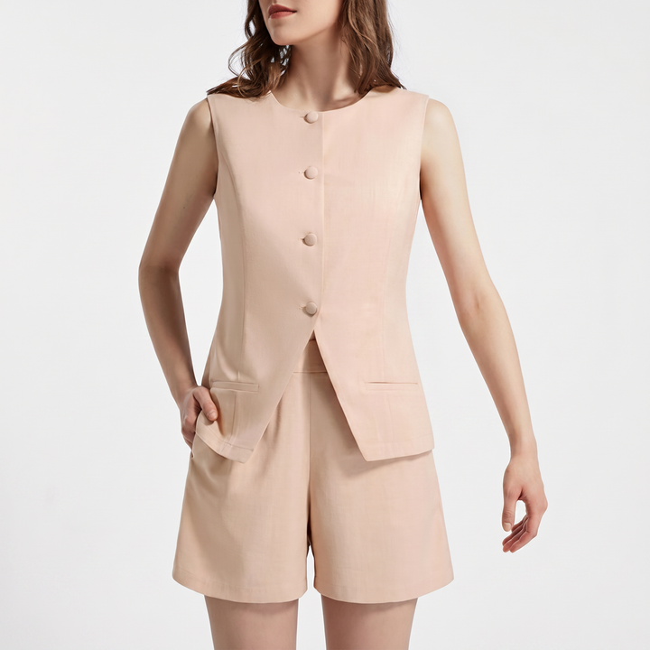 Women's Sleeveless Button Vest and High Waist Shorts Set-Bon Voyage Vintage