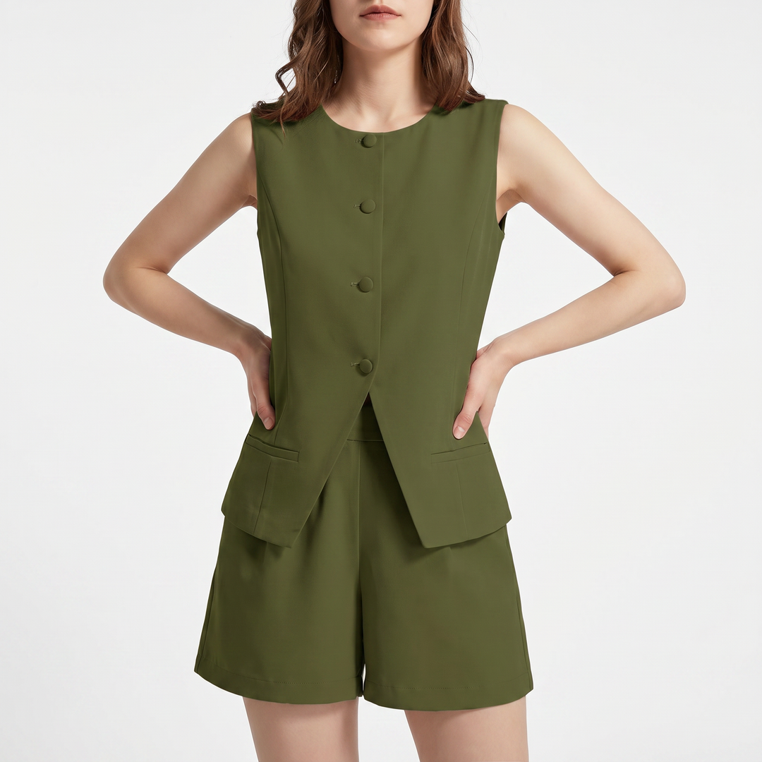 Women's Sleeveless Button Vest and High Waist Shorts Set-Bon Voyage Vintage