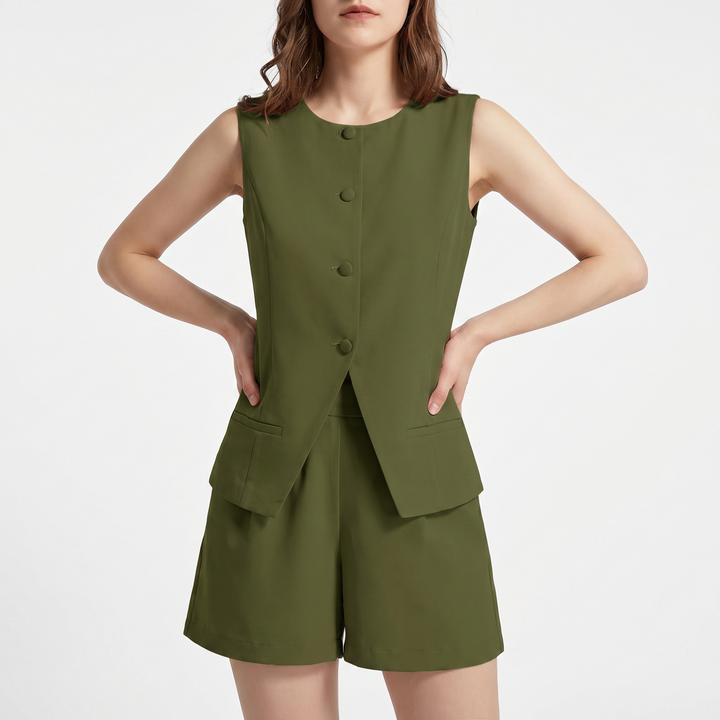 Women's Sleeveless Button Vest and High Waist Shorts Set-Bon Voyage Vintage