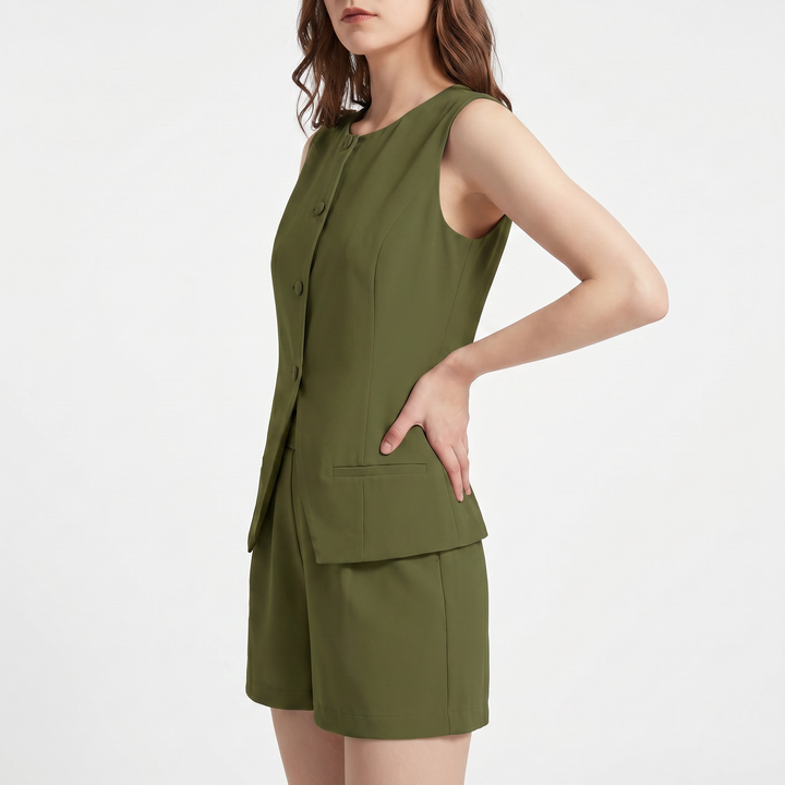 Women's Sleeveless Button Vest and High Waist Shorts Set-Bon Voyage Vintage