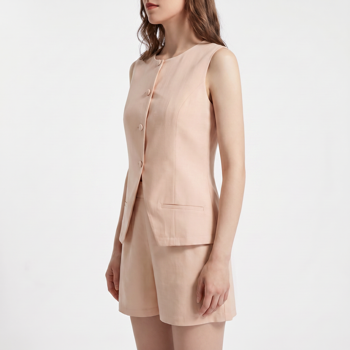 Women's Sleeveless Button Vest and High Waist Shorts Set-Bon Voyage Vintage