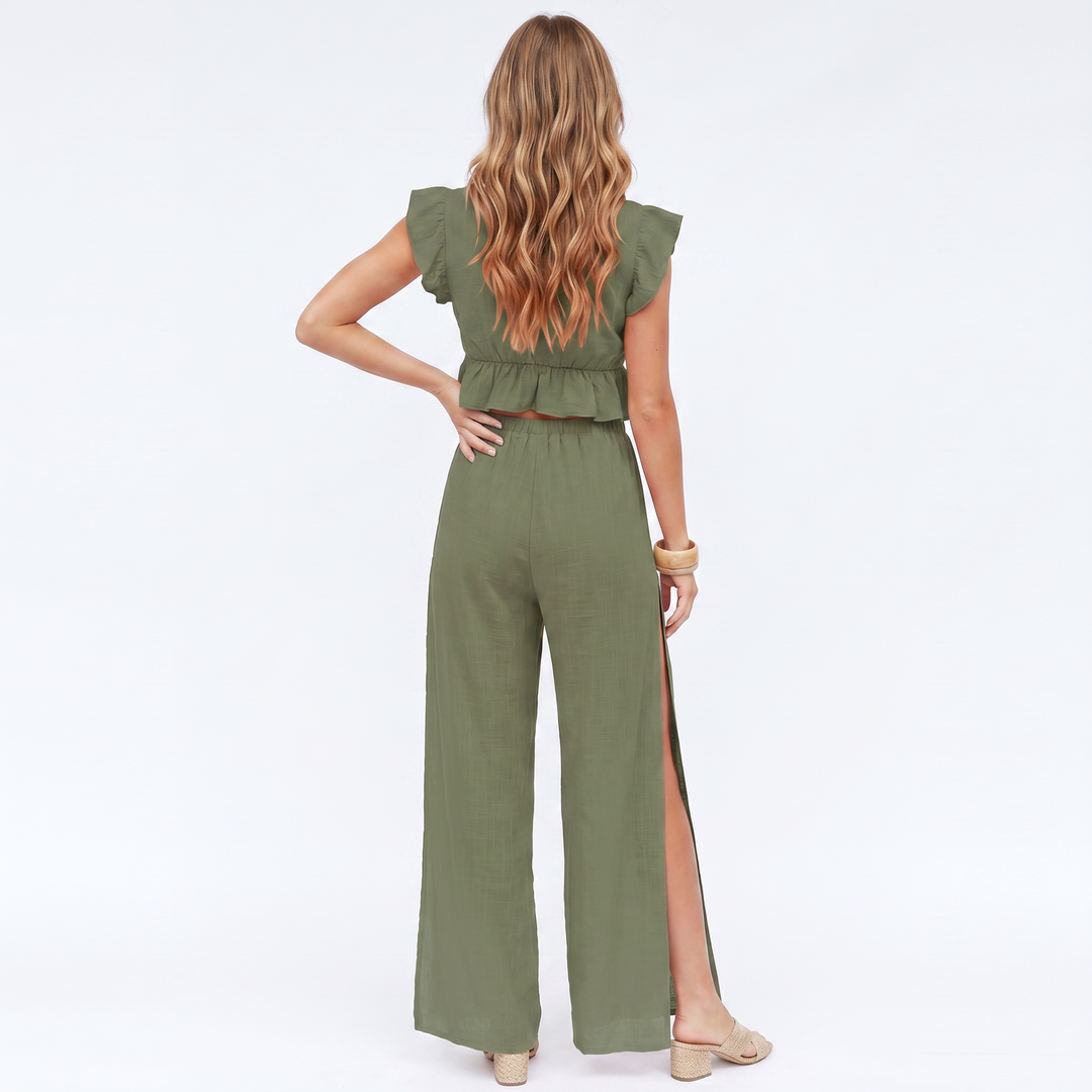 Women’s Sleeveless Ruffle Top and Wide Leg Pants Two Piece Set-Bon Voyage Vintage