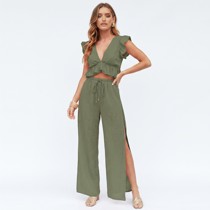 Women’s Sleeveless Ruffle Top and Wide Leg Pants Two Piece Set-Bon Voyage Vintage