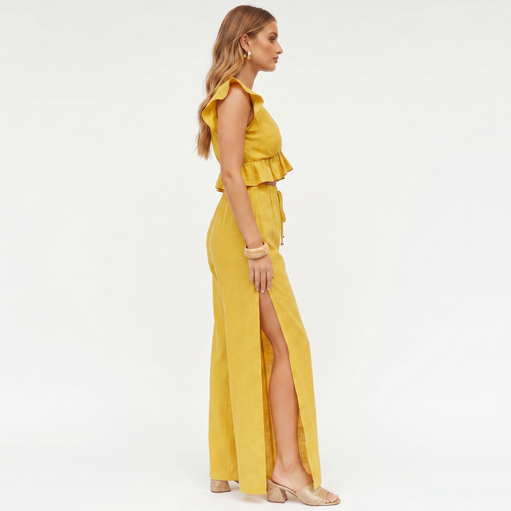 Women’s Sleeveless Ruffle Top and Wide Leg Pants Two Piece Set-Bon Voyage Vintage