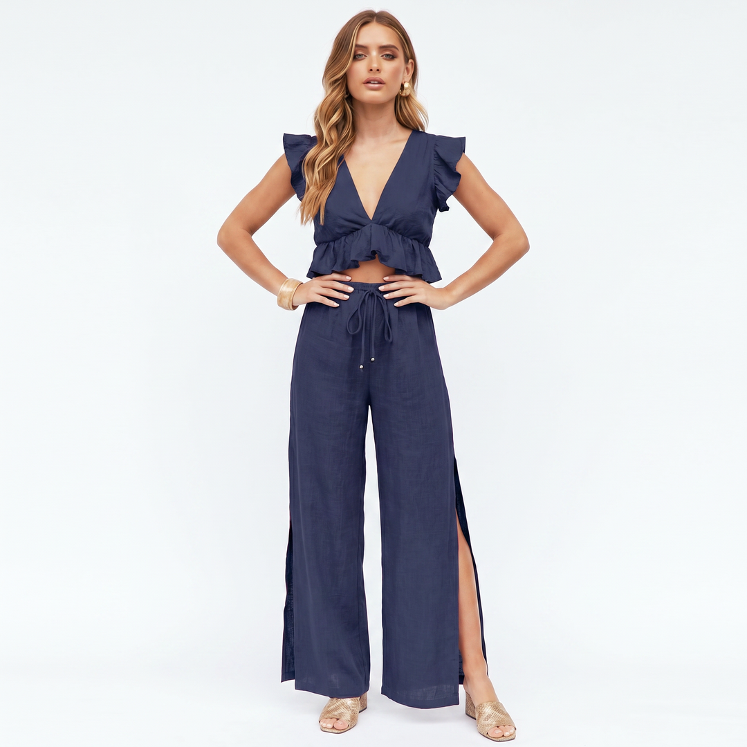 Women’s Sleeveless Ruffle Top and Wide Leg Pants Two Piece Set-Bon Voyage Vintage