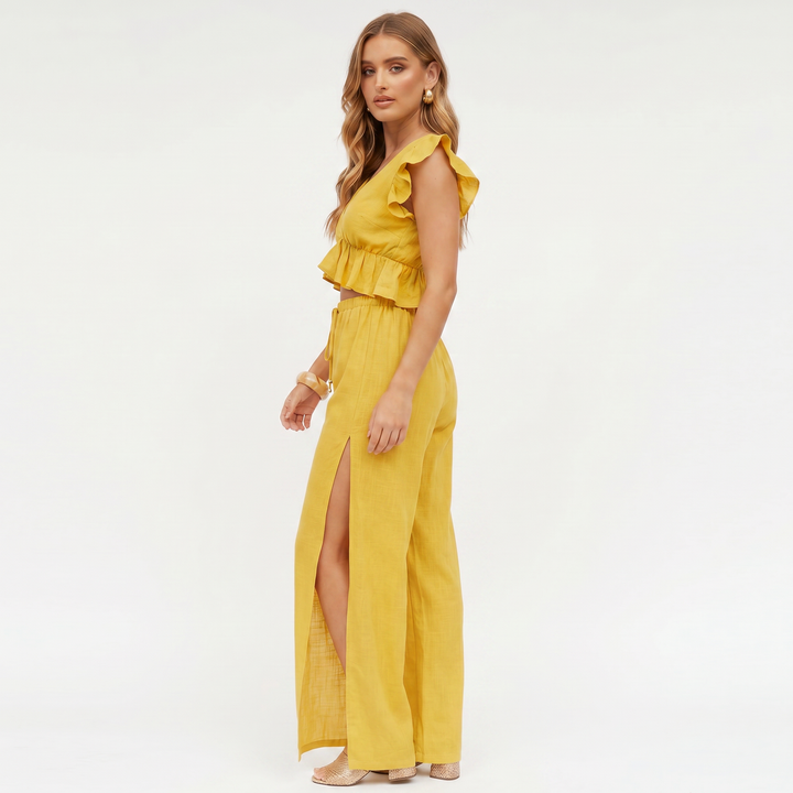 Women’s Sleeveless Ruffle Top and Wide Leg Pants Two Piece Set-Bon Voyage Vintage