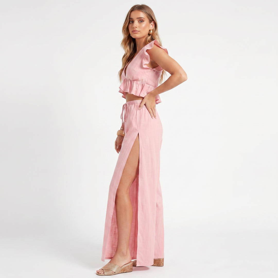 Women’s Sleeveless Ruffle Top and Wide Leg Pants Two Piece Set-Bon Voyage Vintage