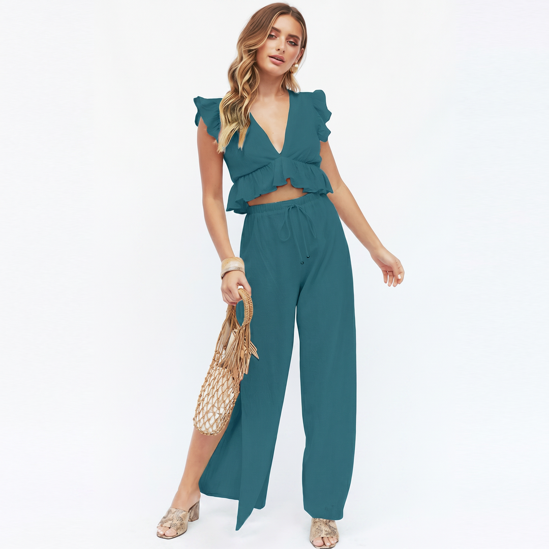 Women’s Sleeveless Ruffle Top and Wide Leg Pants Two Piece Set-Bon Voyage Vintage
