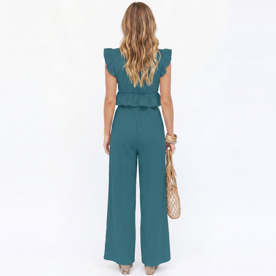 Women’s Sleeveless Ruffle Top and Wide Leg Pants Two Piece Set-Bon Voyage Vintage