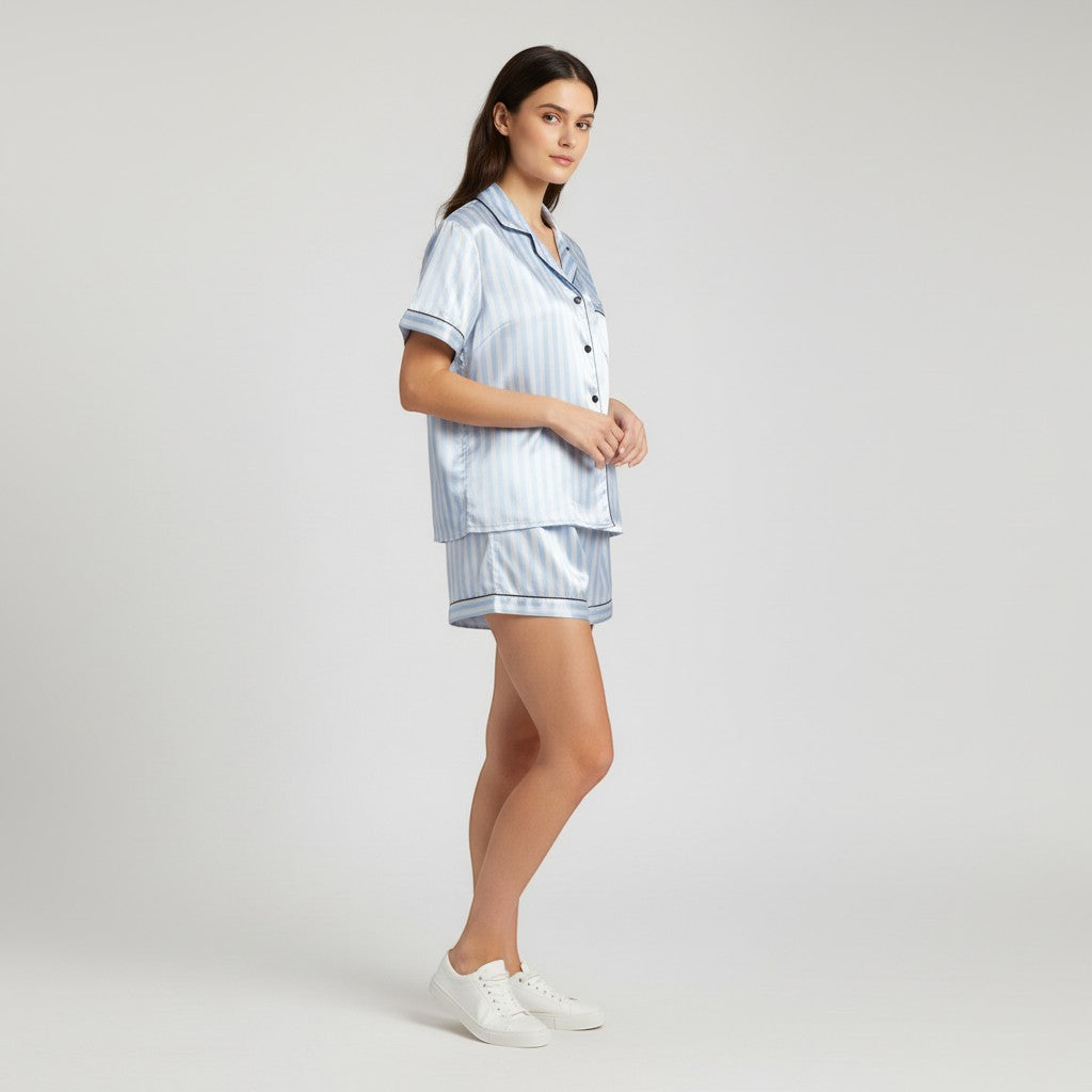 Women's Striped Short Sleeve Top and Shorts Sleepwear Set-Bon Voyage Vintage