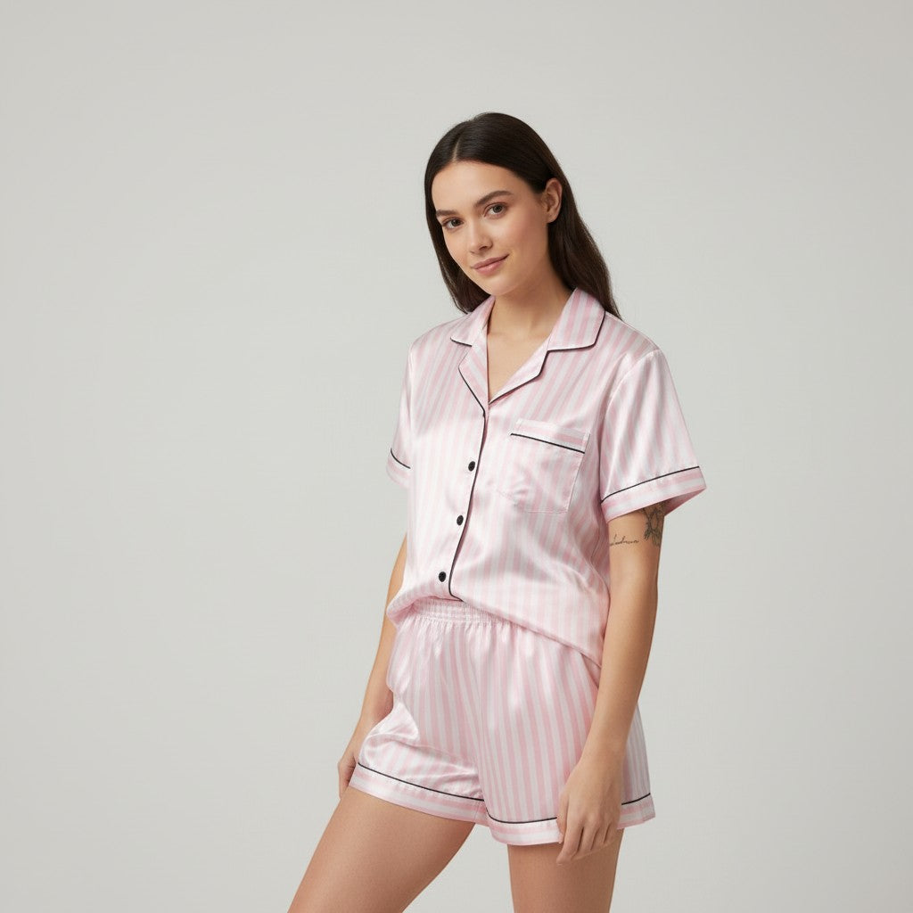 Women's Striped Short Sleeve Top and Shorts Sleepwear Set-Bon Voyage Vintage