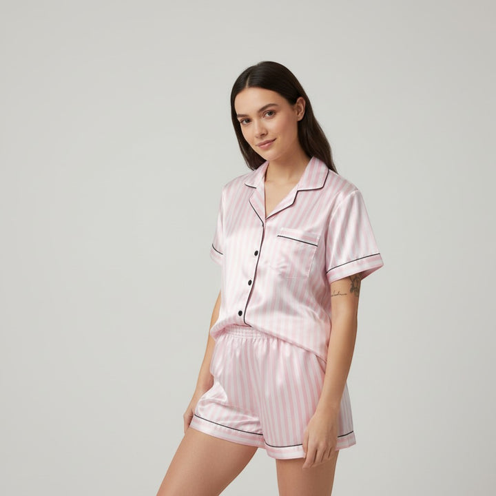 Women's Striped Short Sleeve Top and Shorts Sleepwear Set-Bon Voyage Vintage