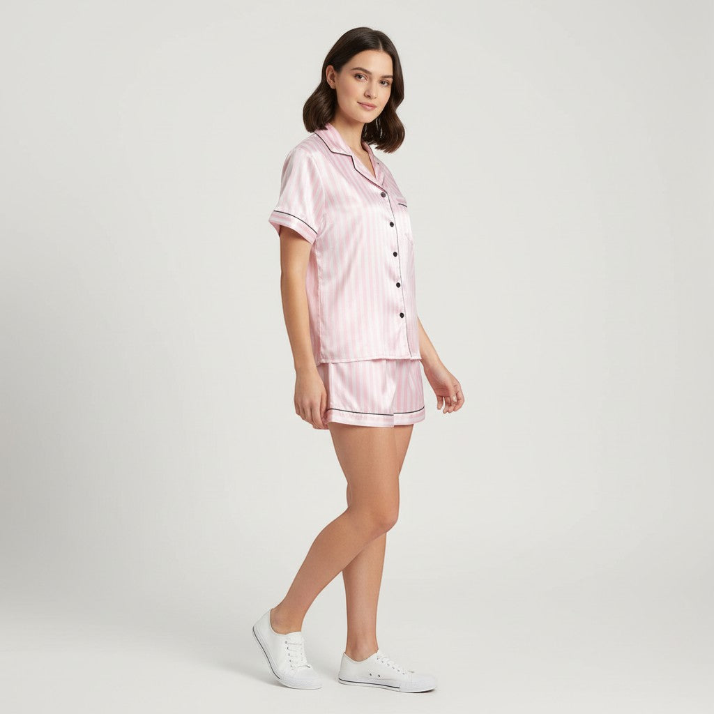 Women's Striped Short Sleeve Top and Shorts Sleepwear Set-Bon Voyage Vintage