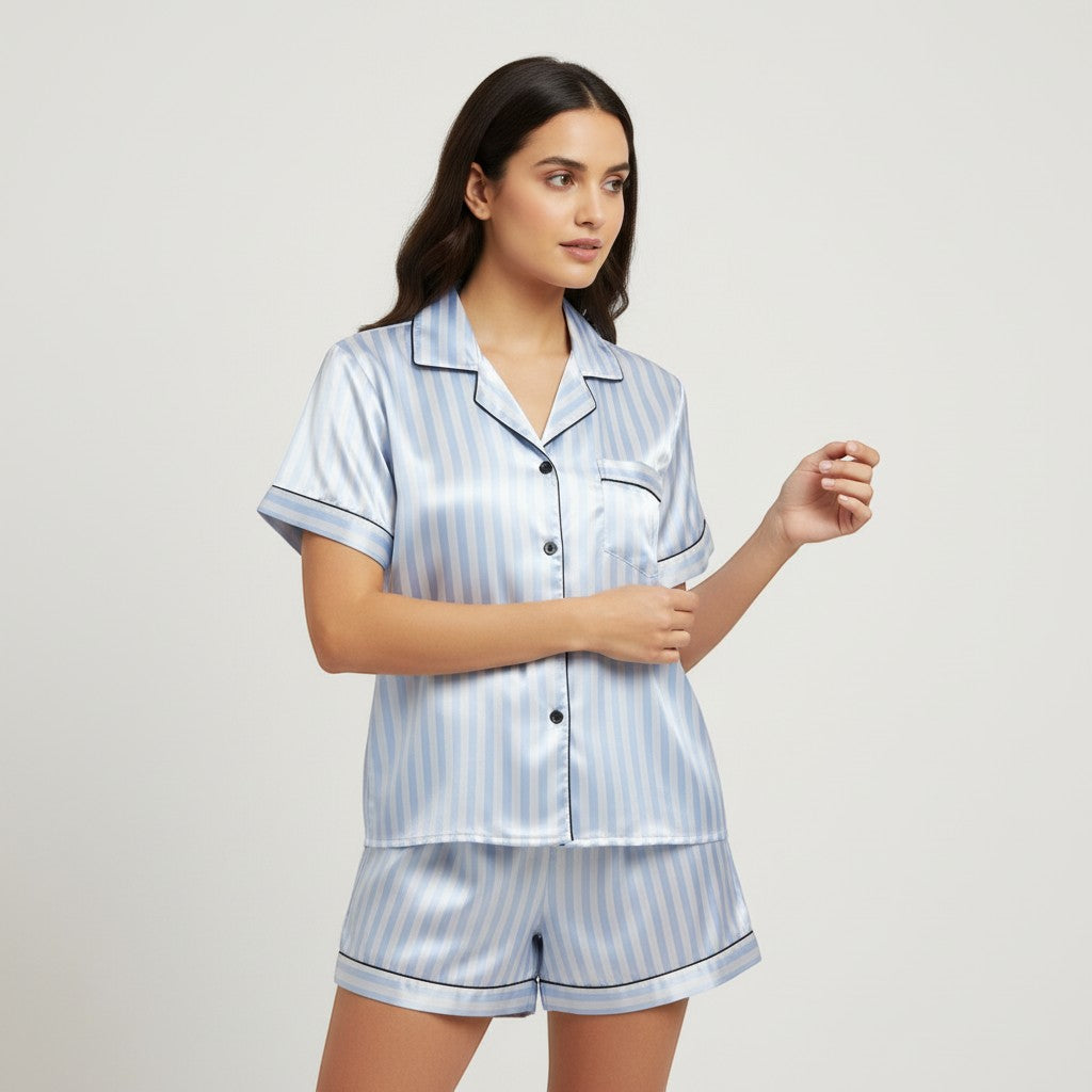 Women's Striped Short Sleeve Top and Shorts Sleepwear Set-Bon Voyage Vintage