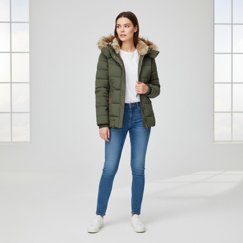 Women’s Winter Jacket with Faux Fur Trim Collar-Bon Voyage Vintage