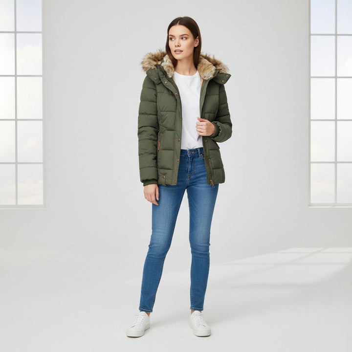 Women’s Winter Jacket with Faux Fur Trim Collar-Bon Voyage Vintage