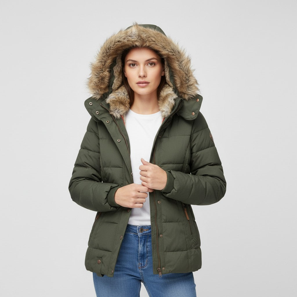 Women’s Winter Jacket with Faux Fur Trim Collar-Bon Voyage Vintage