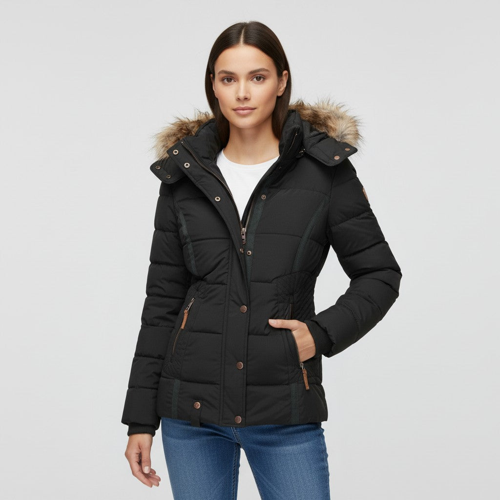 Women’s Winter Jacket with Faux Fur Trim Collar-Bon Voyage Vintage