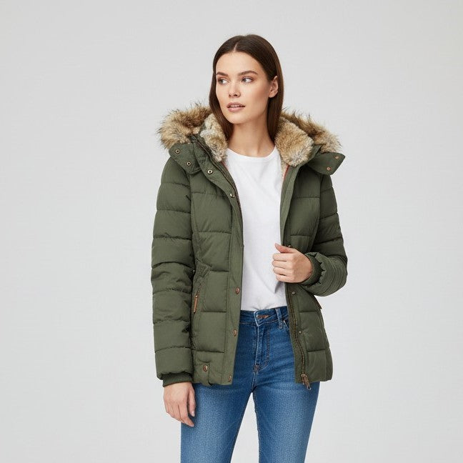 Women’s Winter Jacket with Faux Fur Trim Collar-Bon Voyage Vintage