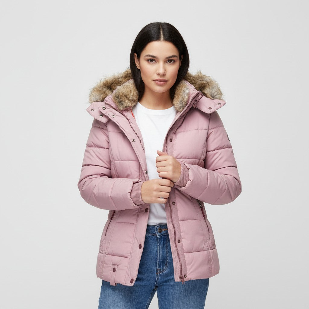 Women’s Winter Jacket with Faux Fur Trim Collar-Bon Voyage Vintage