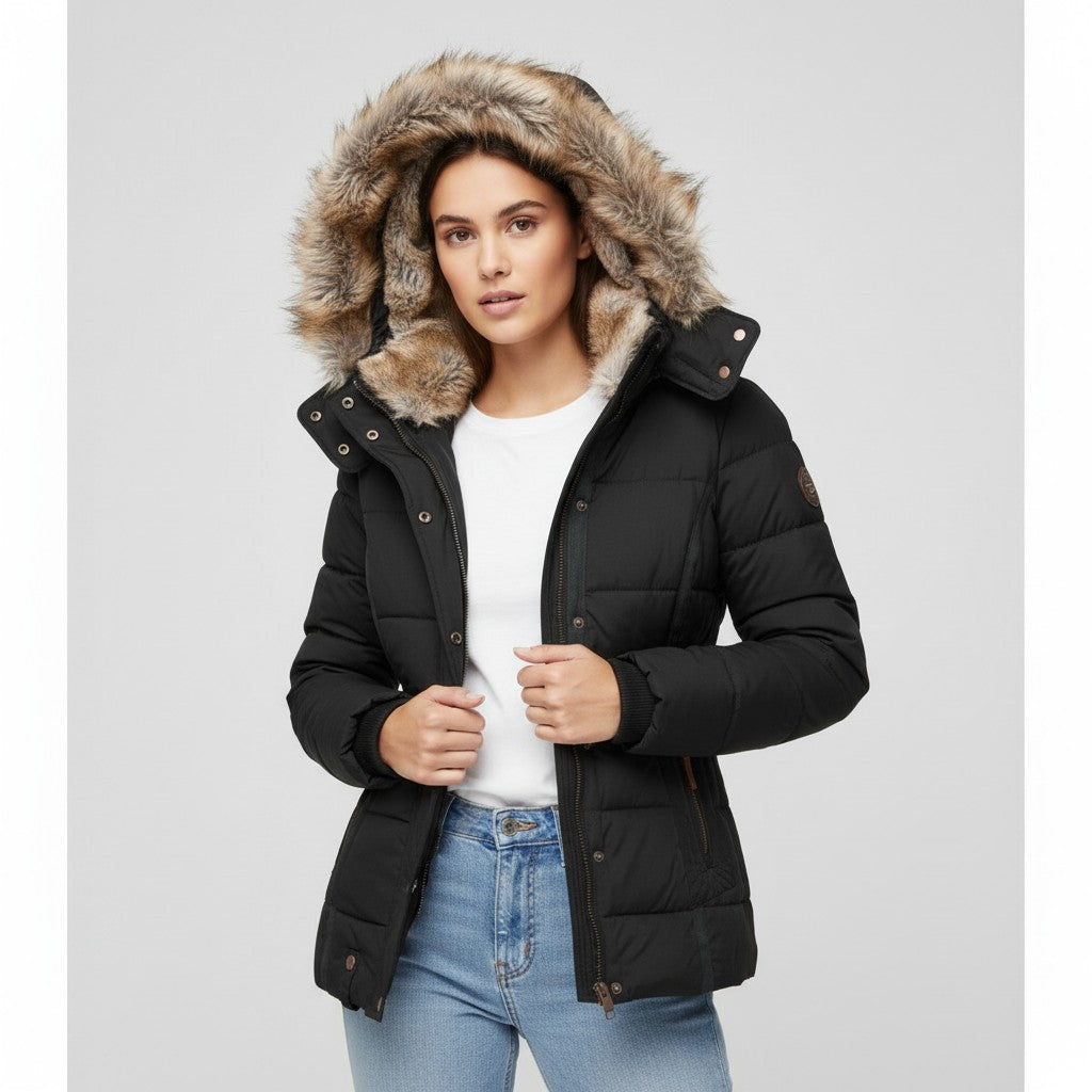 Women’s Winter Jacket with Faux Fur Trim Collar-Bon Voyage Vintage