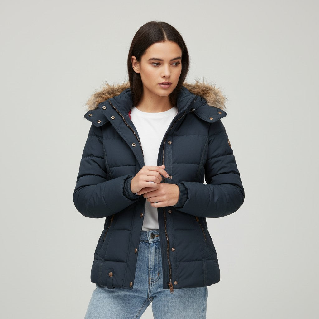 Women’s Winter Jacket with Faux Fur Trim Collar-Bon Voyage Vintage