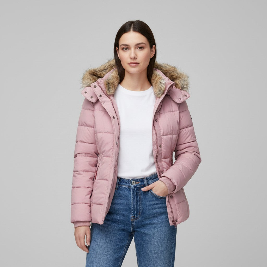 Women’s Winter Jacket with Faux Fur Trim Collar-Bon Voyage Vintage