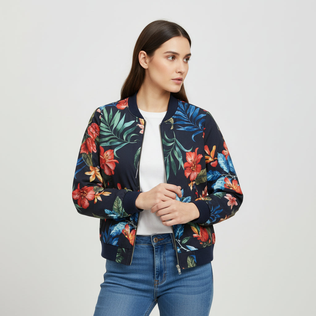 Women's Zip-Up Botanical Print Jacket-Bon Voyage Vintage