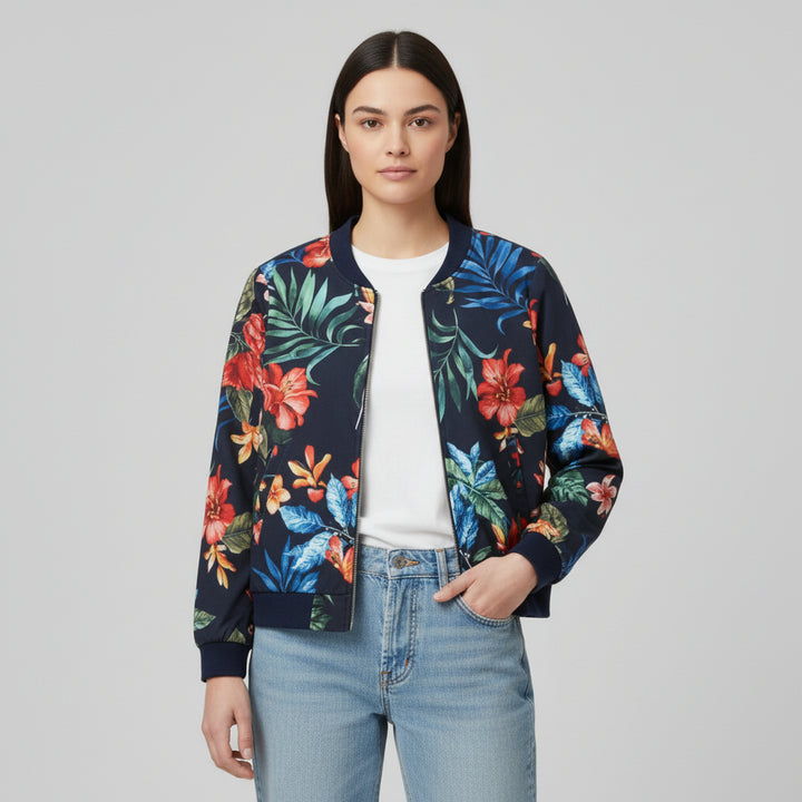 Women's Zip-Up Botanical Print Jacket-Bon Voyage Vintage