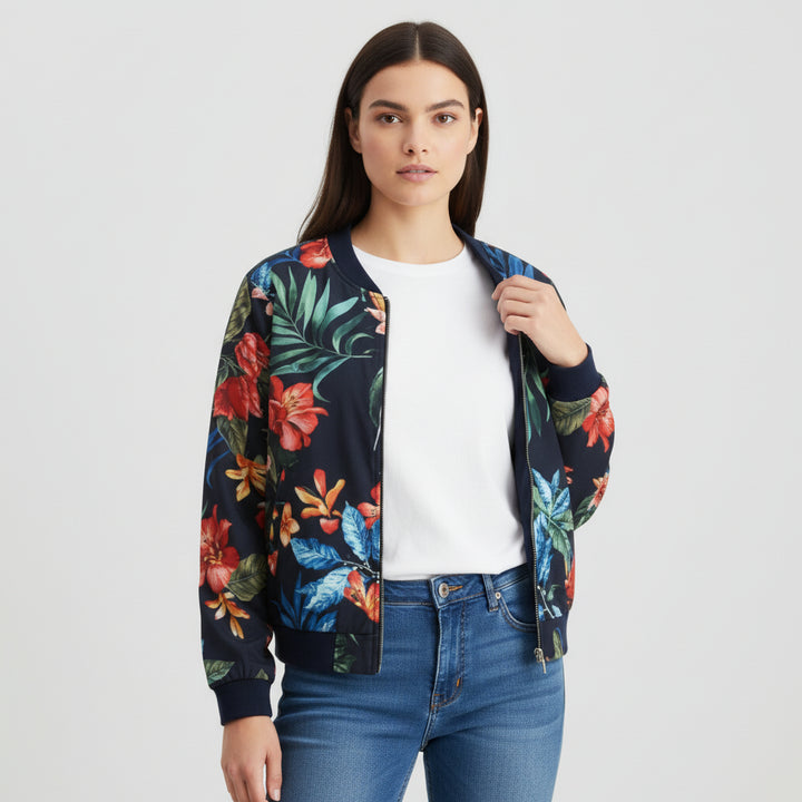 Women's Zip-Up Botanical Print Jacket-Bon Voyage Vintage