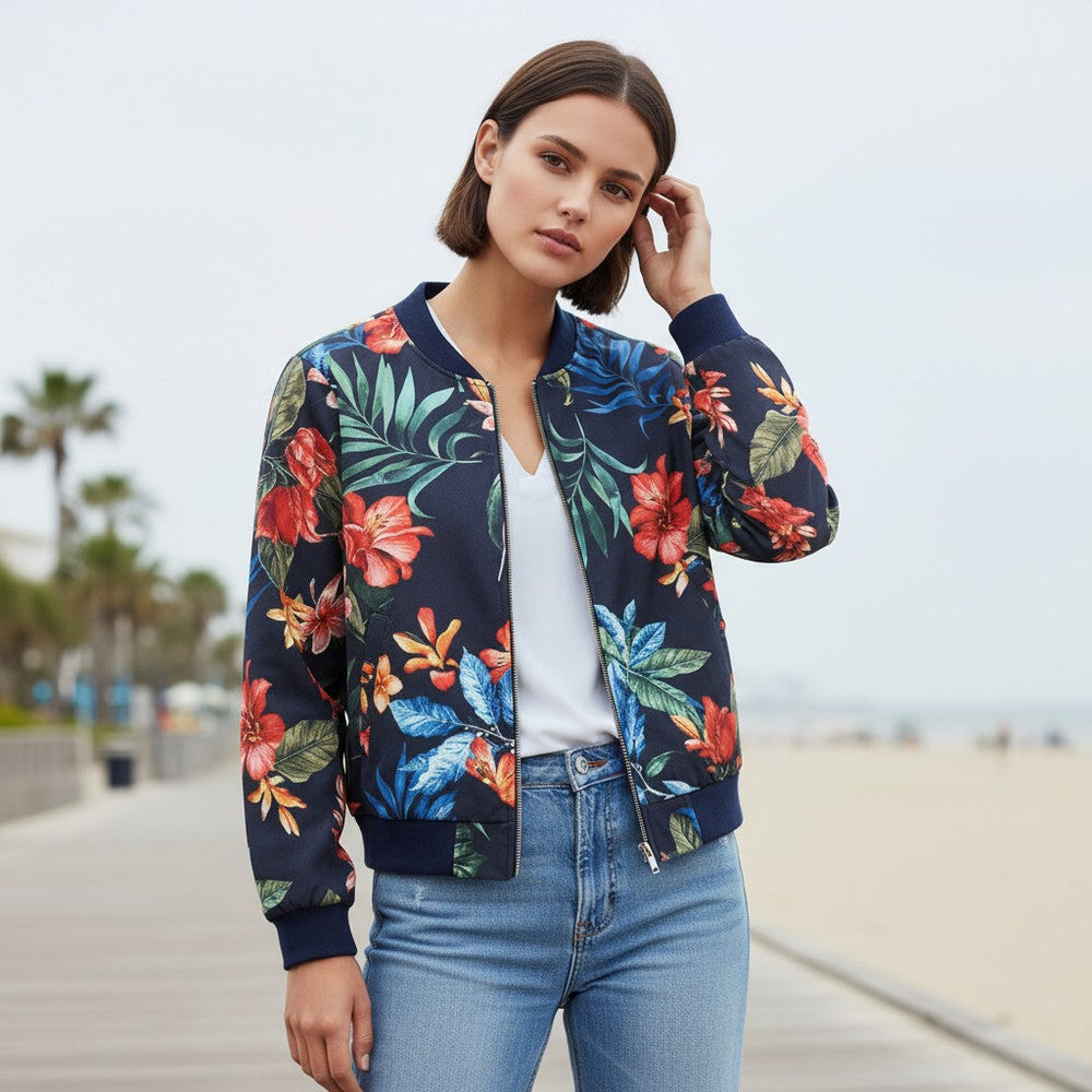 Women's Zip-Up Botanical Print Jacket-Bon Voyage Vintage
