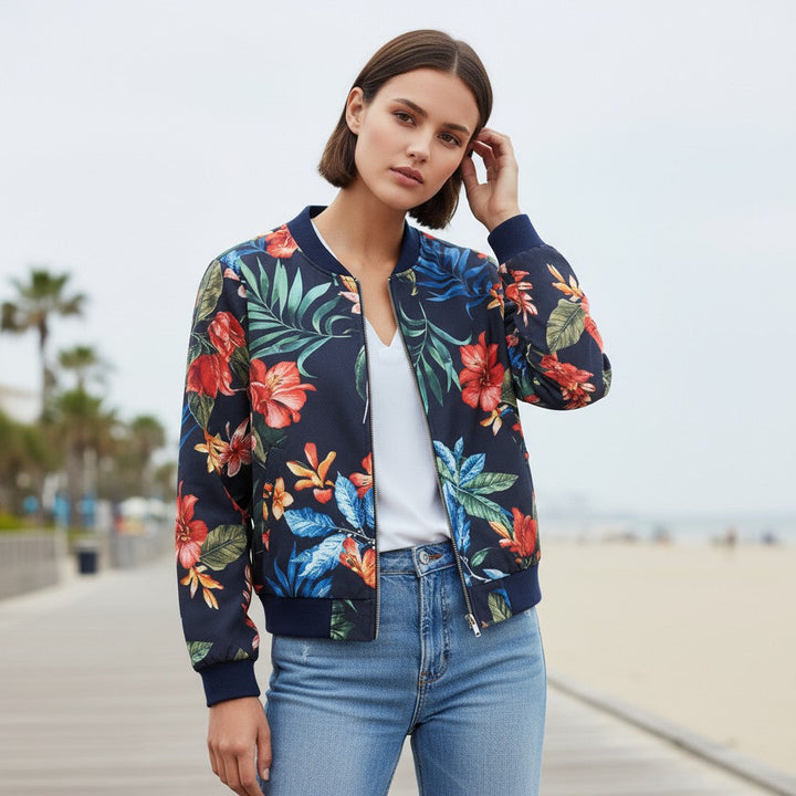 Women's Zip-Up Botanical Print Jacket-Bon Voyage Vintage