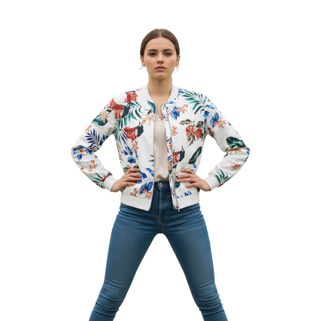 Women's Zip-Up Botanical Print Jacket-Bon Voyage Vintage