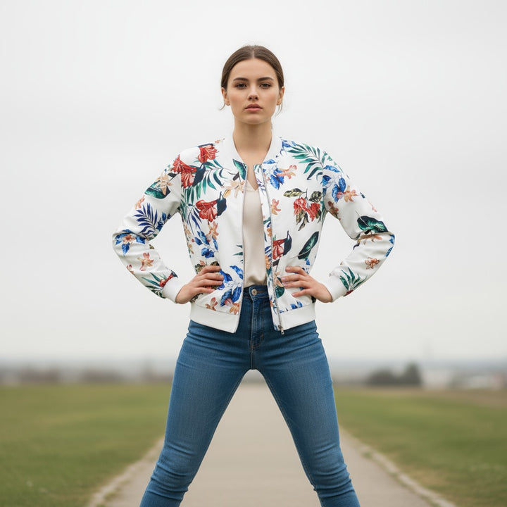 Women's Zip-Up Botanical Print Jacket-Bon Voyage Vintage