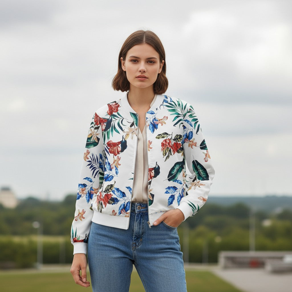 Women's Zip-Up Botanical Print Jacket-Bon Voyage Vintage