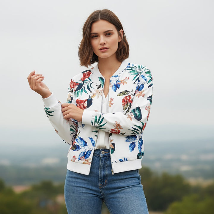 Women's Zip-Up Botanical Print Jacket-Bon Voyage Vintage
