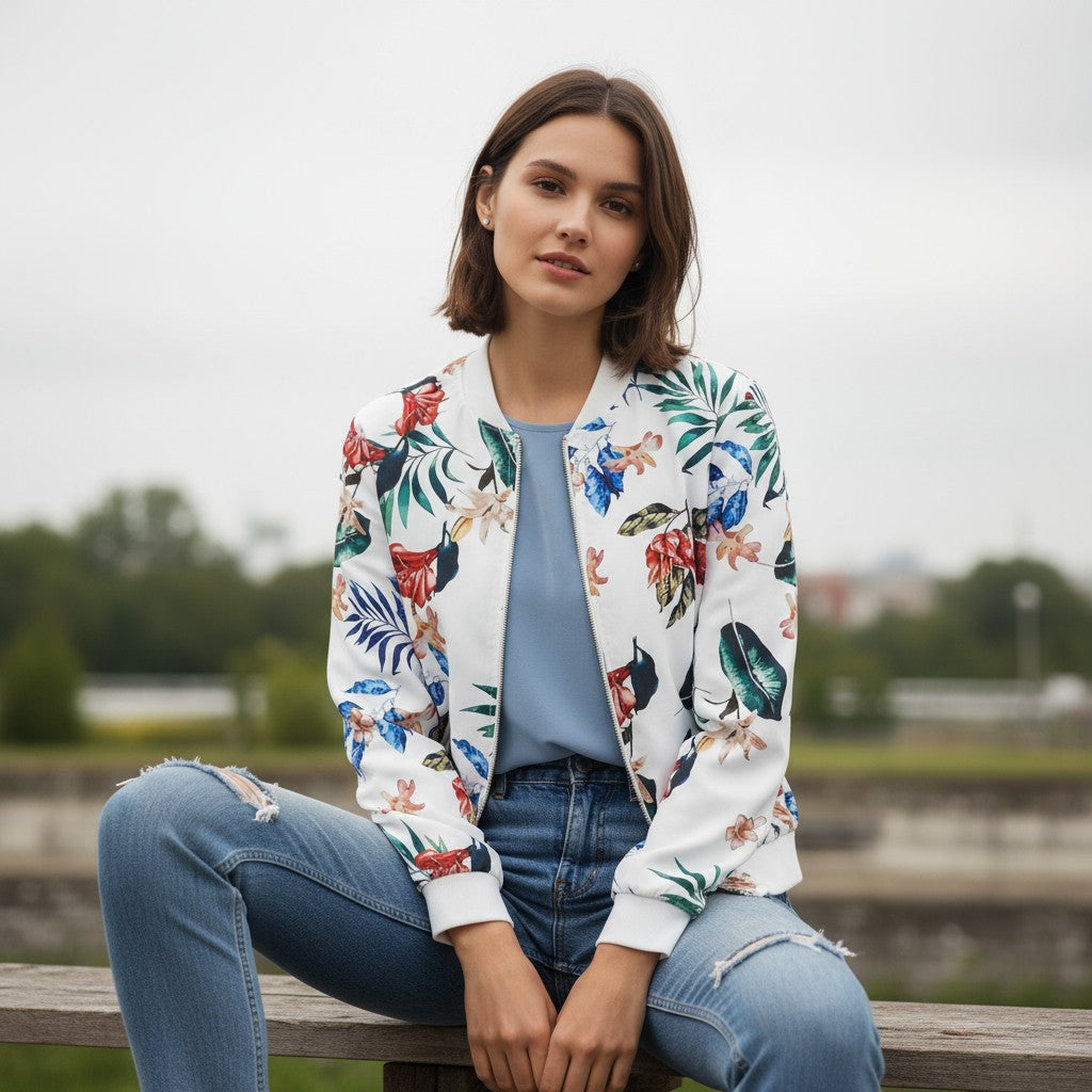 Women's Zip-Up Botanical Print Jacket-Bon Voyage Vintage