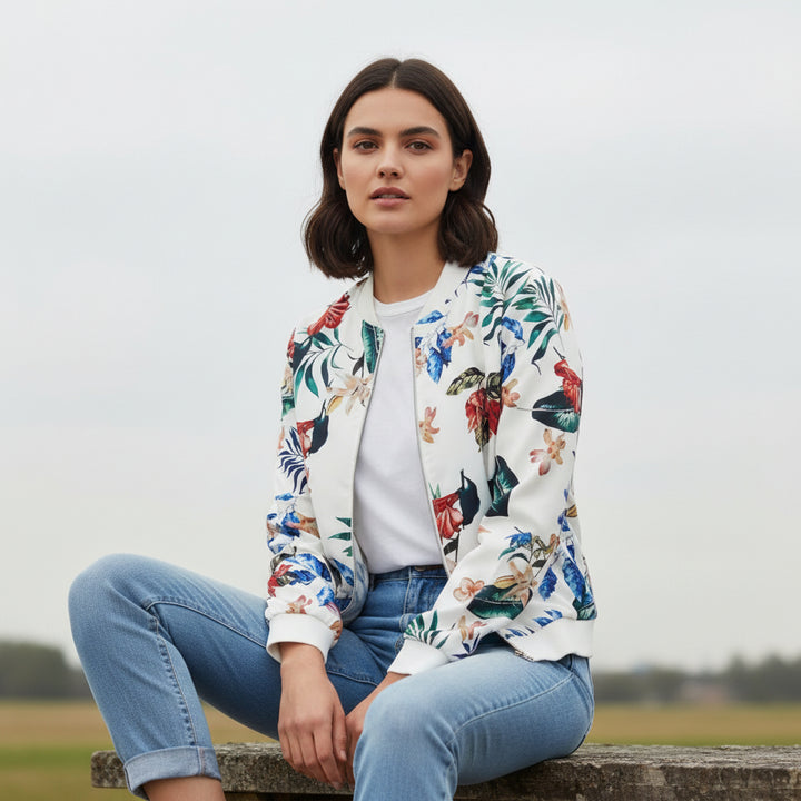 Women's Zip-Up Botanical Print Jacket-Bon Voyage Vintage