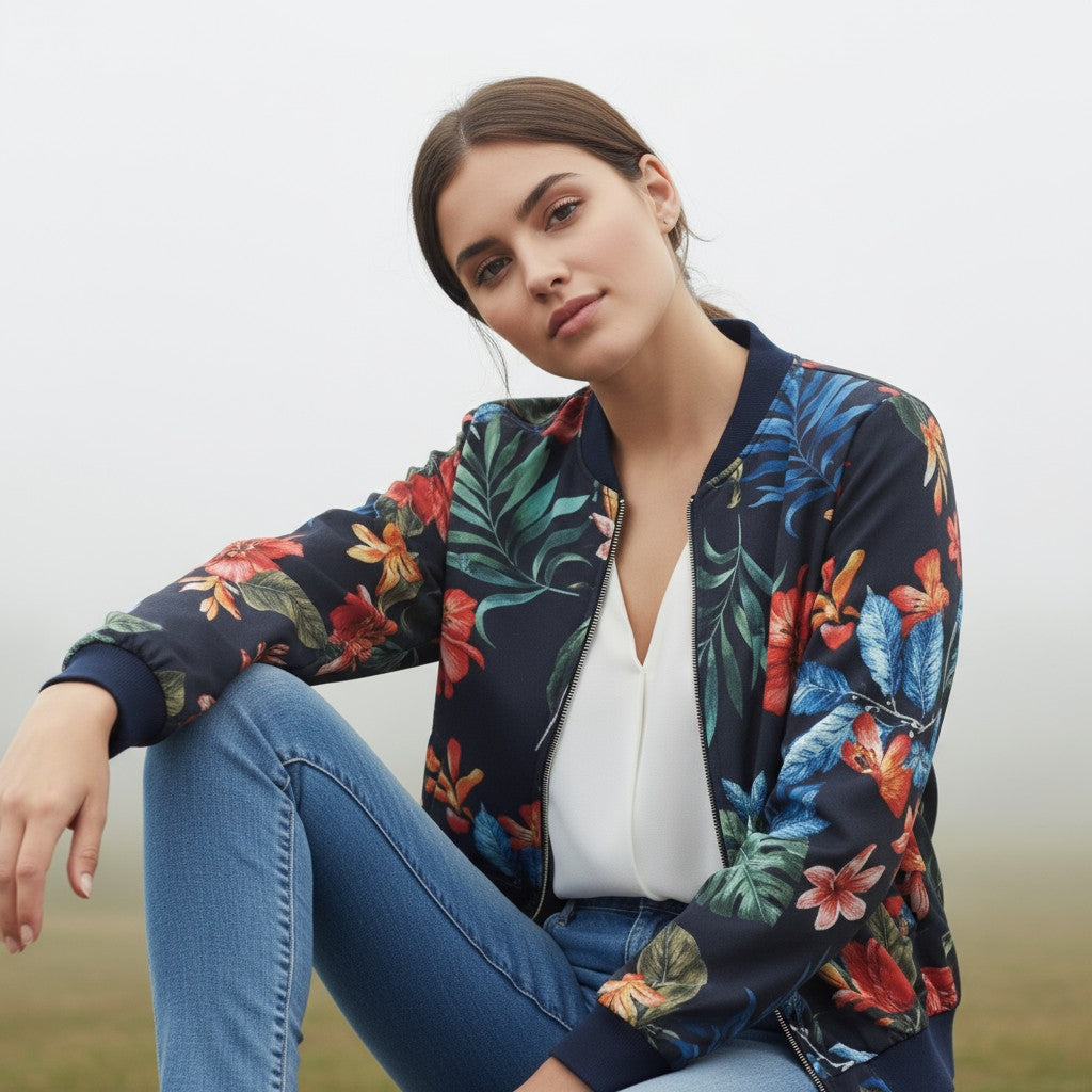 Women's Zip-Up Botanical Print Jacket-Bon Voyage Vintage