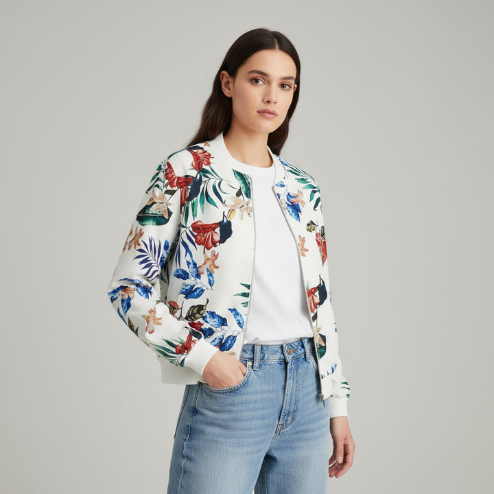 Women's Zip-Up Botanical Print Jacket-Bon Voyage Vintage